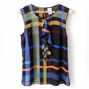 CABI #3865 Plaid Chiffon Blouse Double Layer Ruffle Detail Medium Multicolor